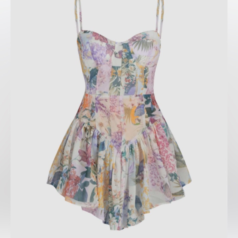 Floral Printed Cami Corset BodySuit Dress Back Zipper Adjustable Straps  Size XS